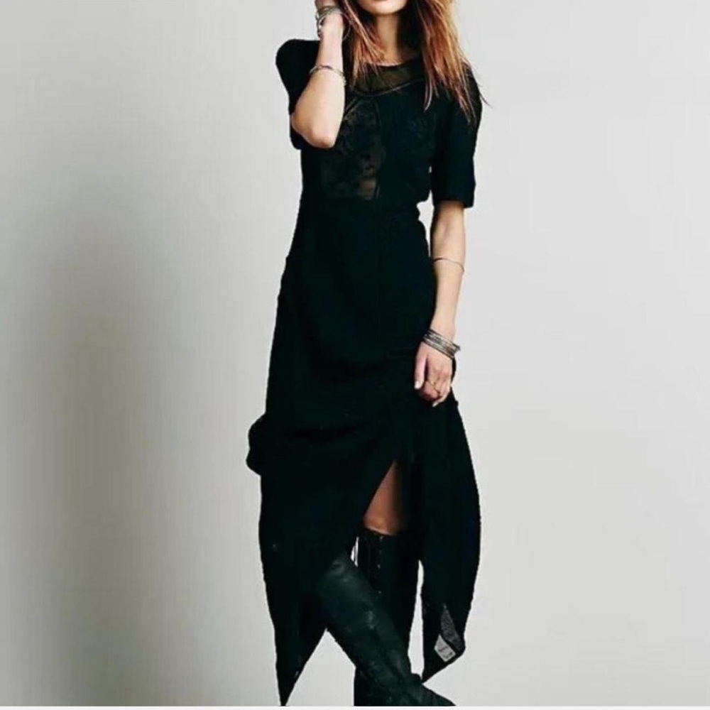 Free People Say You Love Me black lace embroidered maxi dress with 3/4 sleeves
